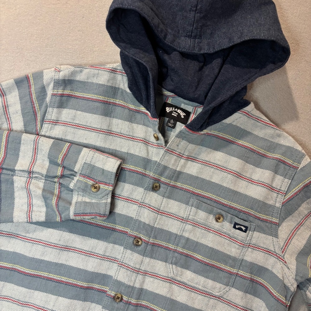 Billabong Boys Large Blue Striped Hooded Flannel Button Down Shirt Long Sleeve